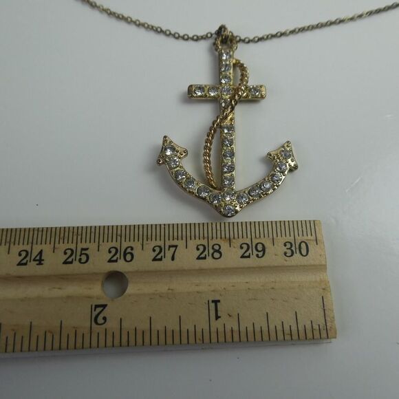 Anchor Rhinestone Sparkly Nautical Marine Gold Tone Pendant Chain Necklace 26" - Picture 7 of 10